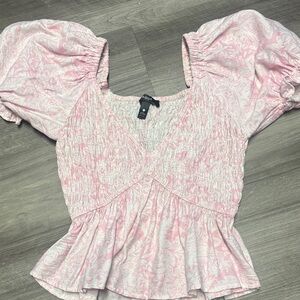 Aqua Light Pink Patterned Smocked Blouse